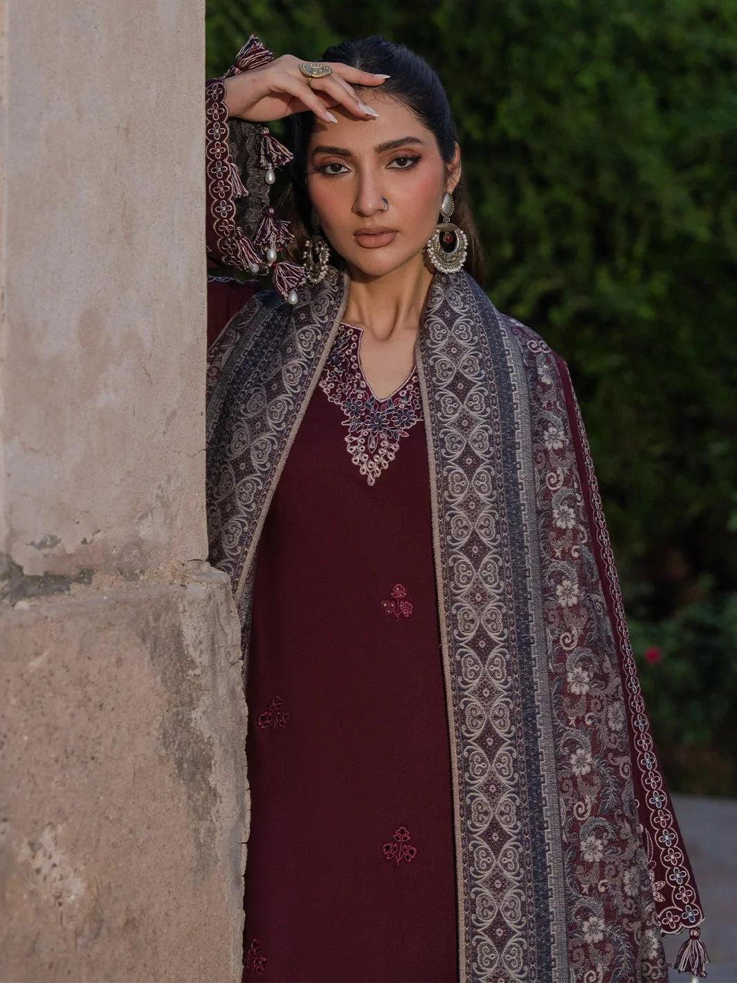 Dhanak-3PC Embroidered Shirt with Digital Printed Wool Shawl - 6047
