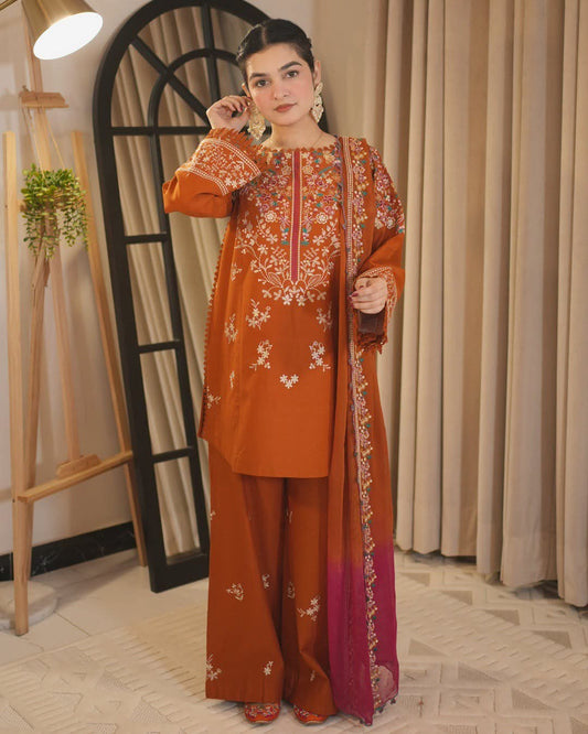 3PC DHANAK EMBROIDERED SHIRT WITH EMBROIDERED TROUSER