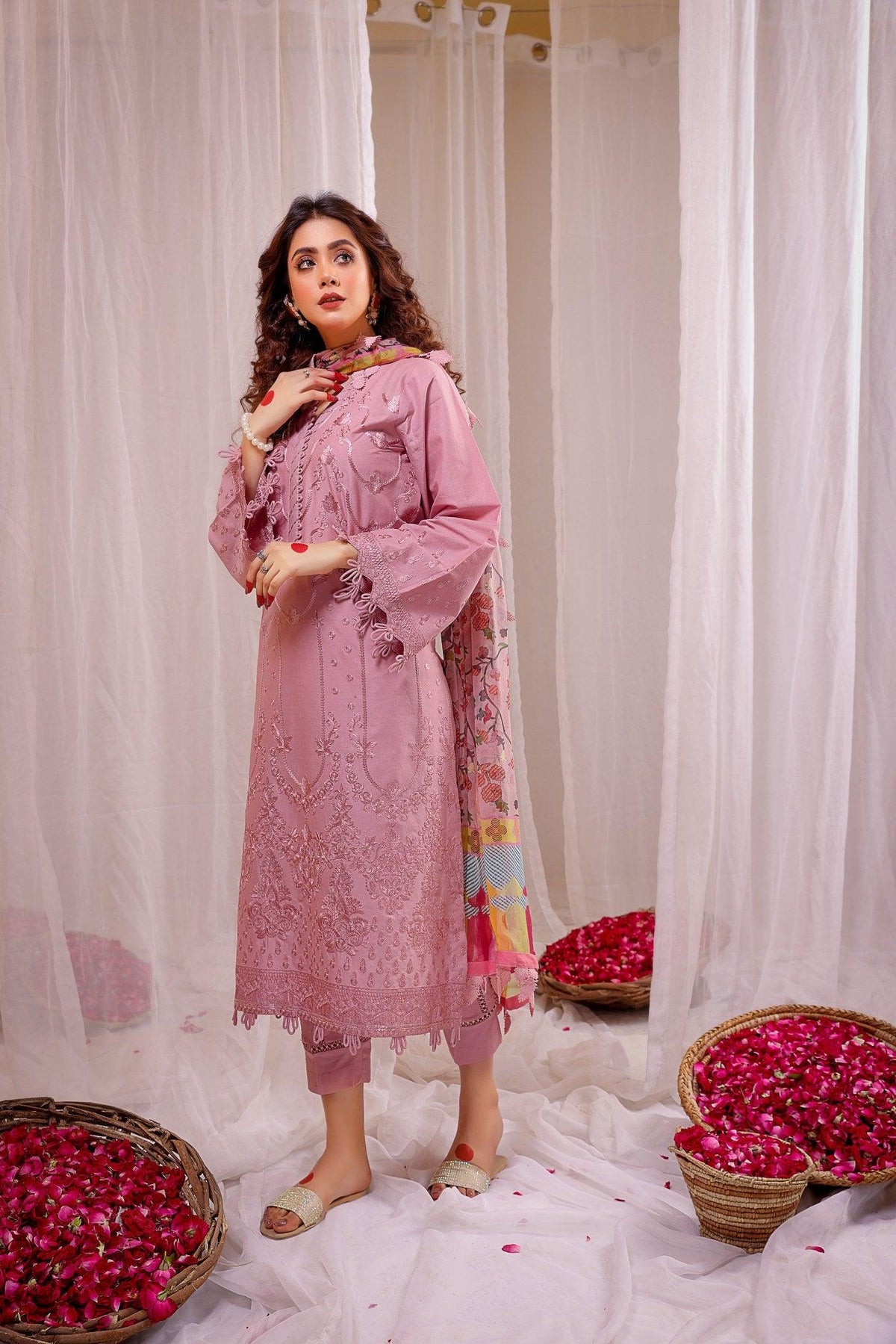 Dhanak-3PC Embroidered Shirt with Digital Printed Wool Shawl - 664