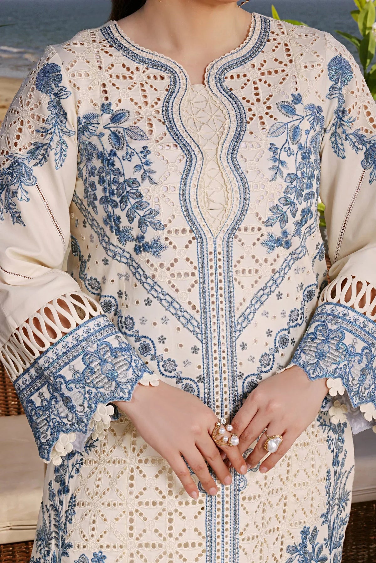 Dhanak-3PC Chikankari Embroidered Shirt with Khadi Net Embroidered Dupatta - 6335