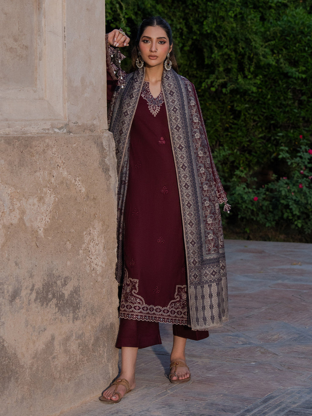 3PC DHANAK EMBROIDERED SHIRT WITH COURTRAI PRINTED SHAWL & TROUSER