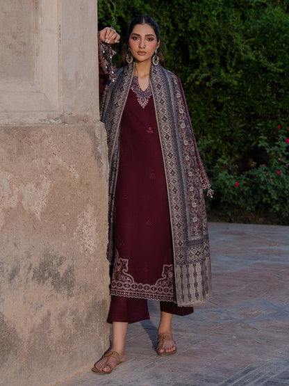 3PC DHANAK EMBROIDERED SHIRT WITH COURTRAI PRINTED SHAWL & TROUSER