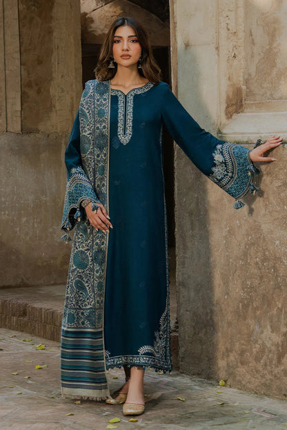 3PC DHANAK EMBROIDERED SHIRT WITH COURTRAI PRINTED SHAWL & TROUSER