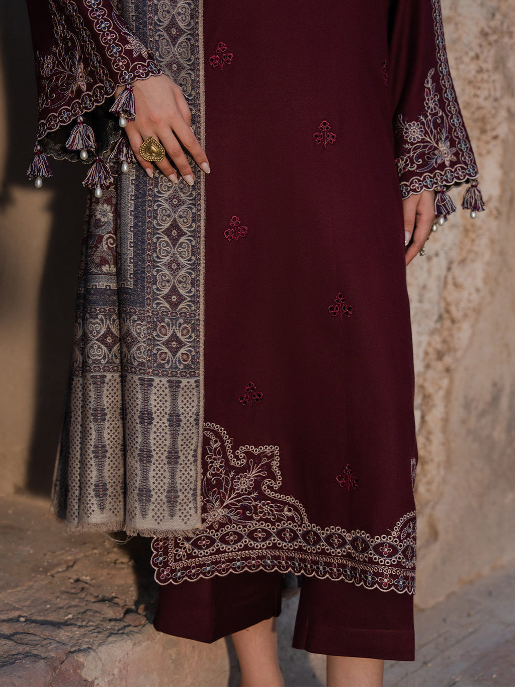 3PC DHANAK EMBROIDERED SHIRT WITH COURTRAI PRINTED SHAWL & TROUSER