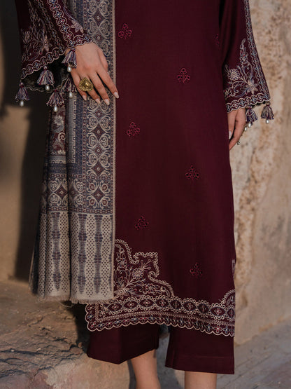 3PC DHANAK EMBROIDERED SHIRT WITH COURTRAI PRINTED SHAWL & TROUSER