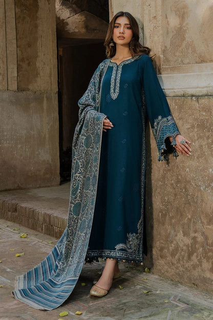 3PC DHANAK EMBROIDERED SHIRT WITH COURTRAI PRINTED SHAWL & TROUSER