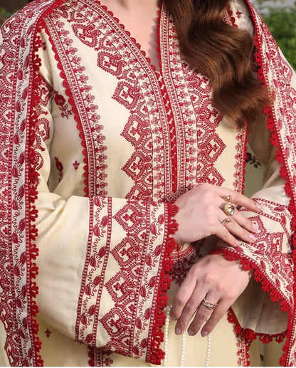 3PC DHANAK EMBROIDERED SHIRT WITH DHANAK EMB SHAWL AND TROUSER DN-2008