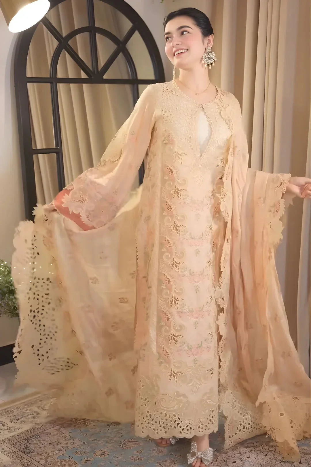 Dhanak-3PC Embroidered Shirt with Khadi Net Embroidered Dupatta - 6435