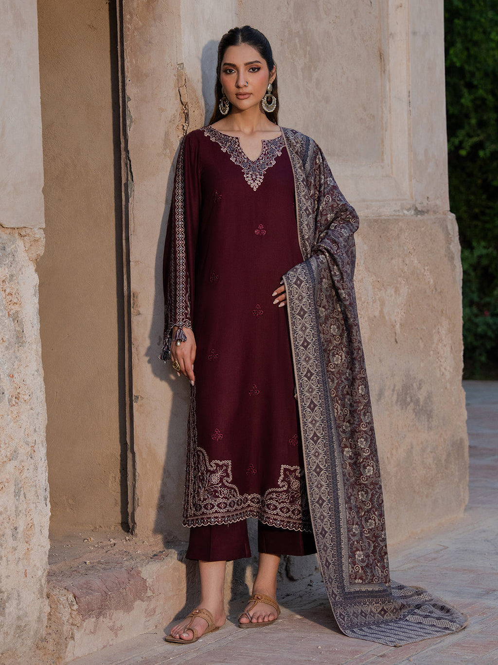 3PC DHANAK EMBROIDERED SHIRT WITH COURTRAI PRINTED SHAWL & TROUSER