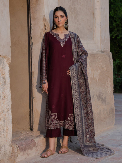 3PC DHANAK EMBROIDERED SHIRT WITH COURTRAI PRINTED SHAWL & TROUSER