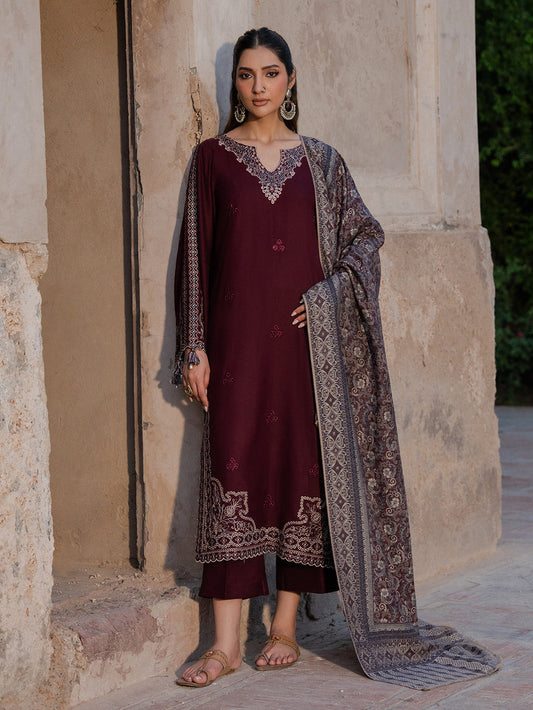 3PC DHANAK EMBROIDERED SHIRT WITH COURTRAI PRINTED SHAWL & TROUSER