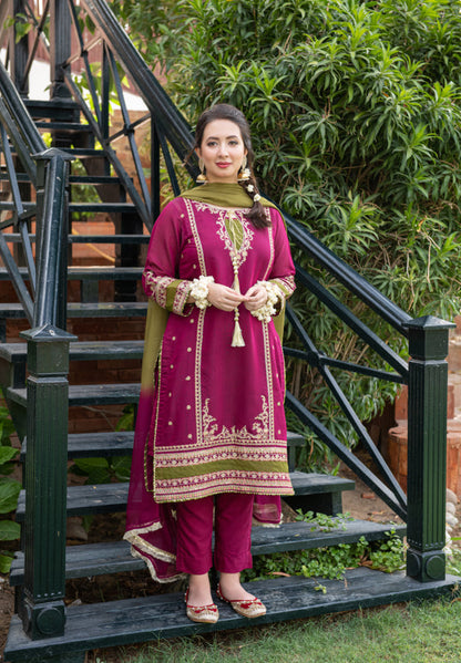 WINTER-3PC DHANAK EMBROIDERED SHIRT WITH COUTRAI PRINTED SHAWL & DHANAK TOUSER-4223