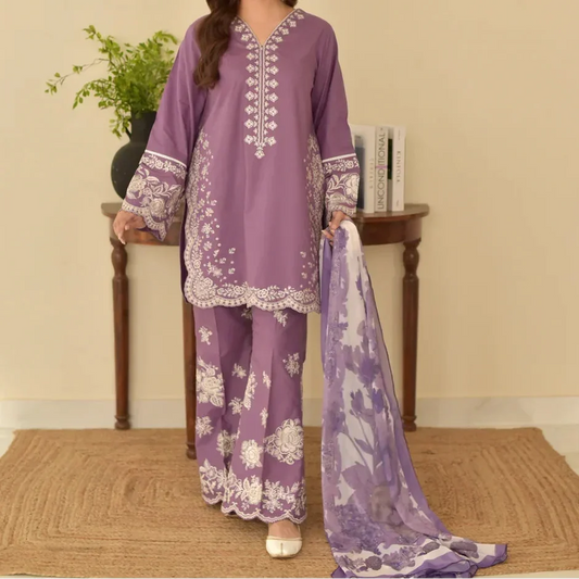 EMBROIDERED 3PC LAWN DRESS WITH PRINTED CHIFFON DUPATTA