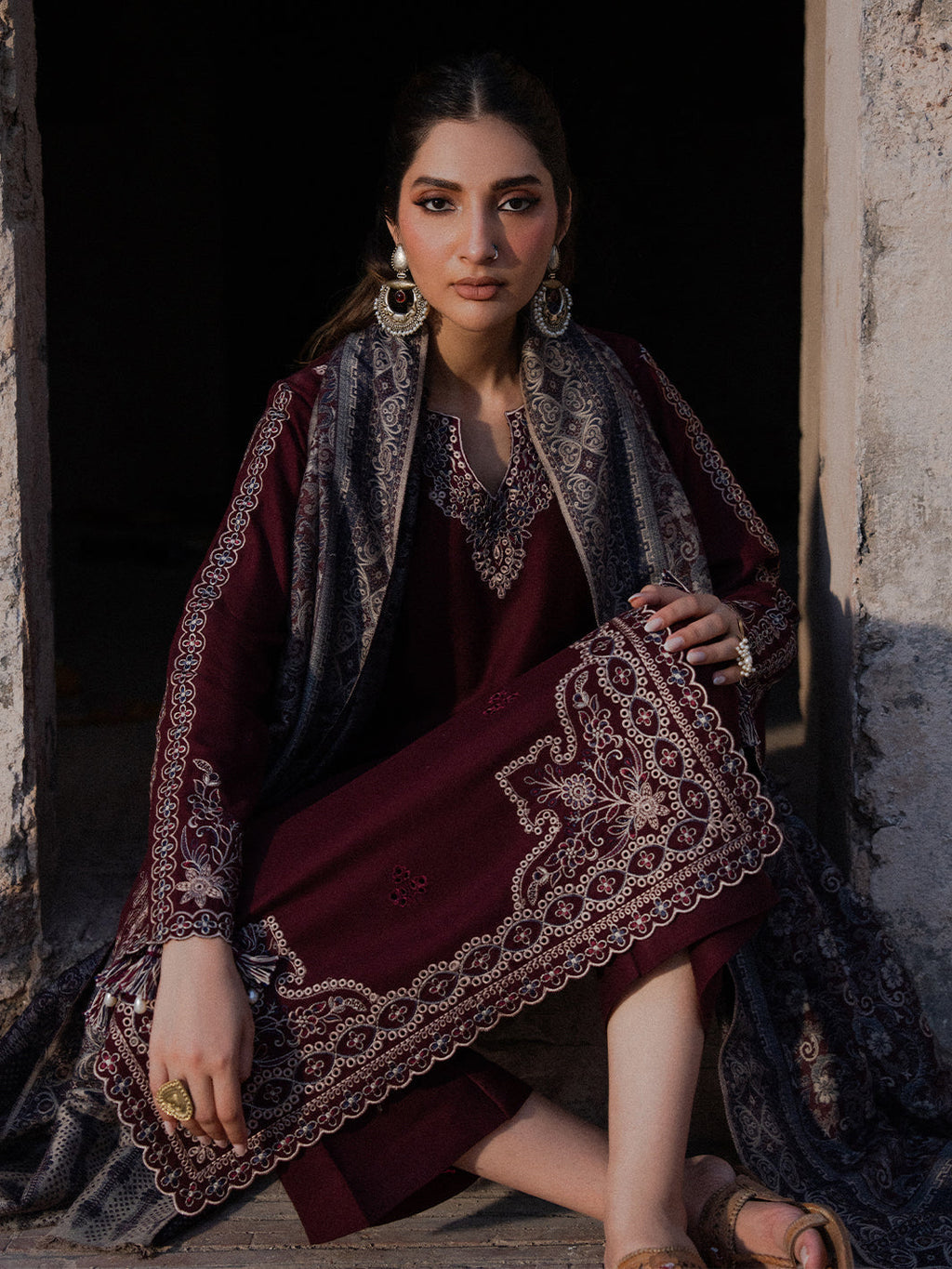 3PC DHANAK EMBROIDERED SHIRT WITH COURTRAI PRINTED SHAWL & TROUSER