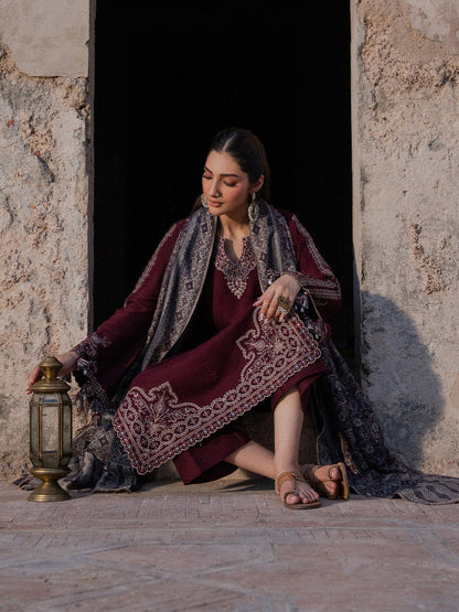 3PC DHANAK EMBROIDERED SHIRT WITH COURTRAI PRINTED SHAWL & TROUSER