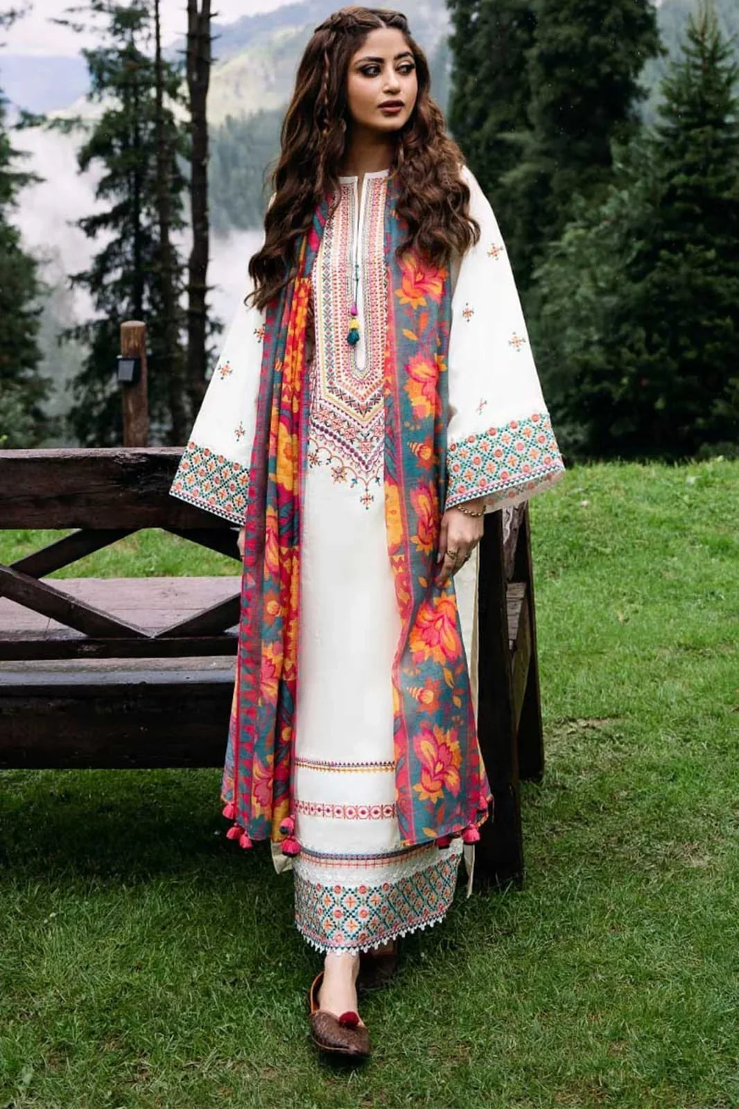 Dhanak-3PC Embroidered Shirt with Digital Printed Wool Shawl - 255