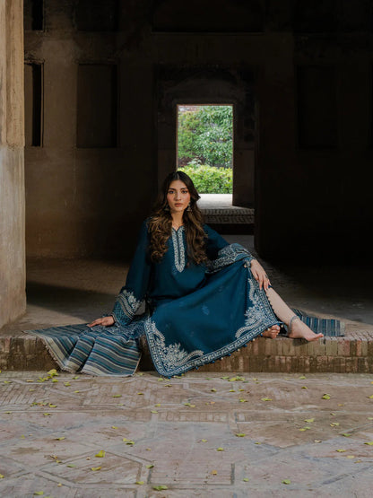 3PC DHANAK EMBROIDERED SHIRT WITH COURTRAI PRINTED SHAWL & TROUSER