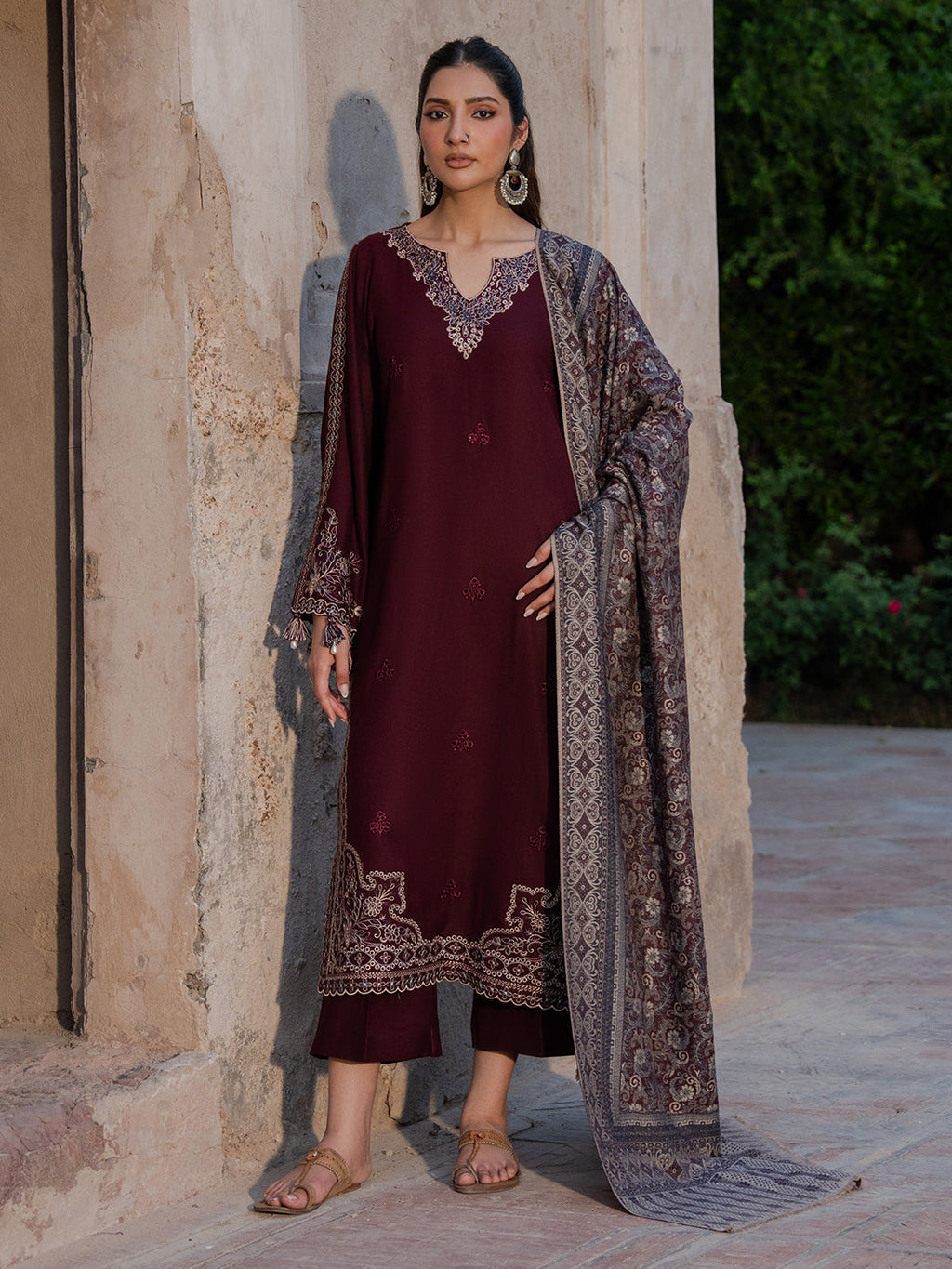 3PC DHANAK EMBROIDERED SHIRT WITH COURTRAI PRINTED SHAWL & TROUSER