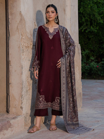 3PC DHANAK EMBROIDERED SHIRT WITH COURTRAI PRINTED SHAWL & TROUSER