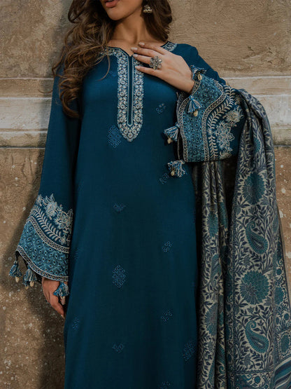 3PC DHANAK EMBROIDERED SHIRT WITH COURTRAI PRINTED SHAWL & TROUSER