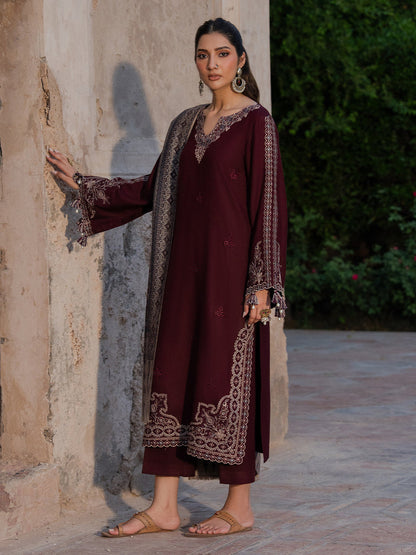 3PC DHANAK EMBROIDERED SHIRT WITH COURTRAI PRINTED SHAWL & TROUSER