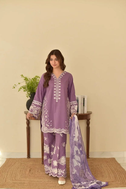EMBROIDERED 3PC LAWN DRESS WITH PRINTED CHIFFON DUPATTA