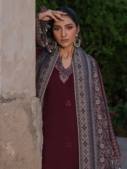 3PC DHANAK EMBROIDERED SHIRT WITH COURTRAI PRINTED SHAWL & TROUSER
