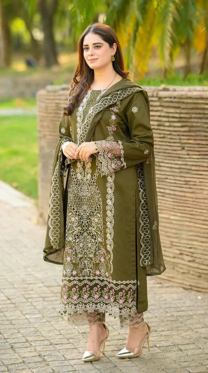 Dhanak-3PC Embroidered Shirt with Chiffon Embroidered Dupatta - 6449