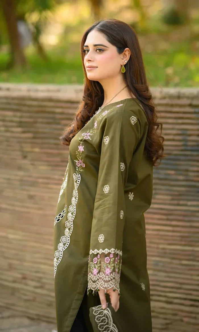 Dhanak-3PC Embroidered Shirt with Chiffon Embroidered Dupatta - 6449