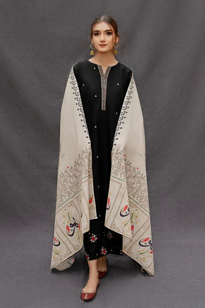Dhanak-3PC Embroidered Shirt with Digital Printed Wool Shawl - 167