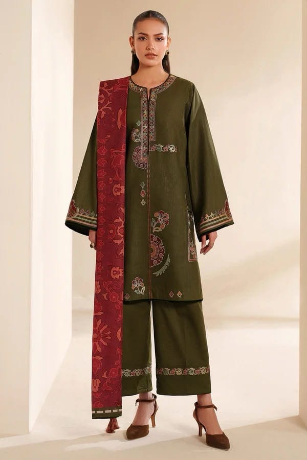 3PC UNSTITCHED DHANAK EMBROIDERED SUIT ZE-1001 Black