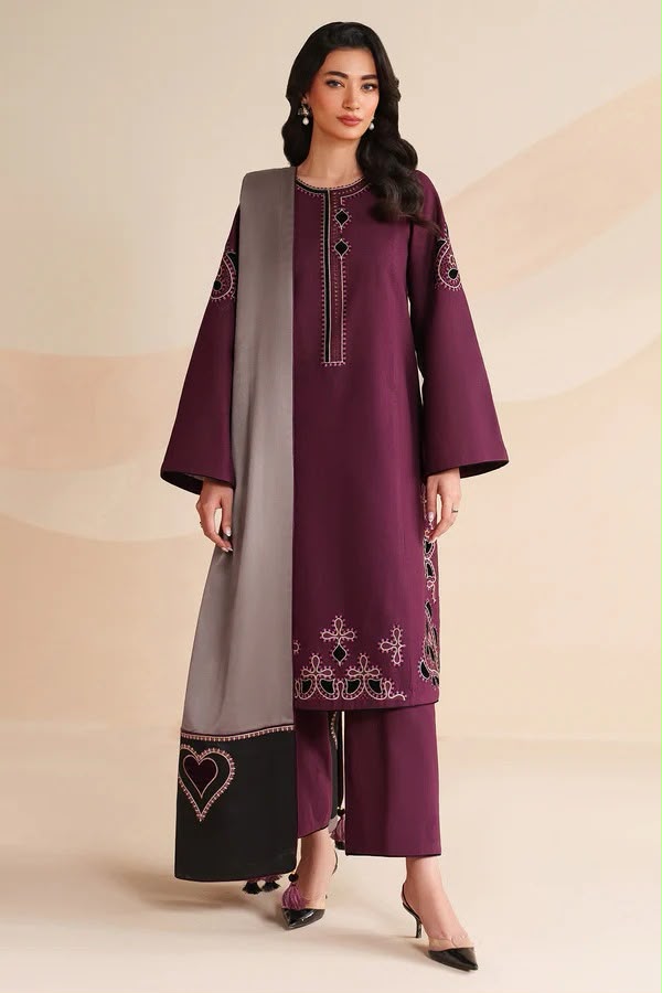 3PC UNSTITCHED DHANAK EMBROIDERED SHIRT WITH DHANAK EMB WORK SHAWL EMBROIDERED DUPATTA
