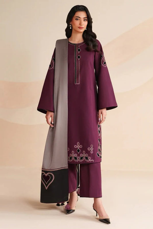 3PC UNSTITCHED DHANAK EMBROIDERED SHIRT WITH DHANAK EMB WORK SHAWL EMBROIDERED DUPATTA