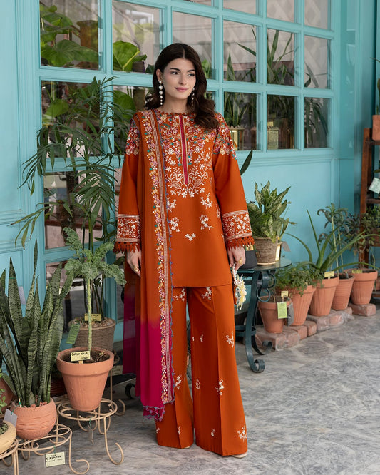 3PC DHANAK EMBROIDERED SHIRT WITH  EMBROIDERED TROUSER
