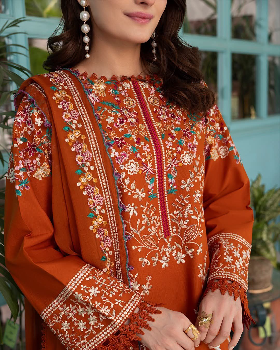 3PC DHANAK EMBROIDERED SHIRT WITH  EMBROIDERED TROUSER