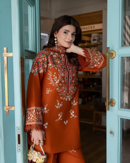 3PC DHANAK EMBROIDERED SHIRT WITH  EMBROIDERED TROUSER