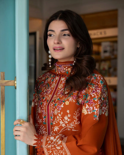 3PC DHANAK EMBROIDERED SHIRT WITH  EMBROIDERED TROUSER